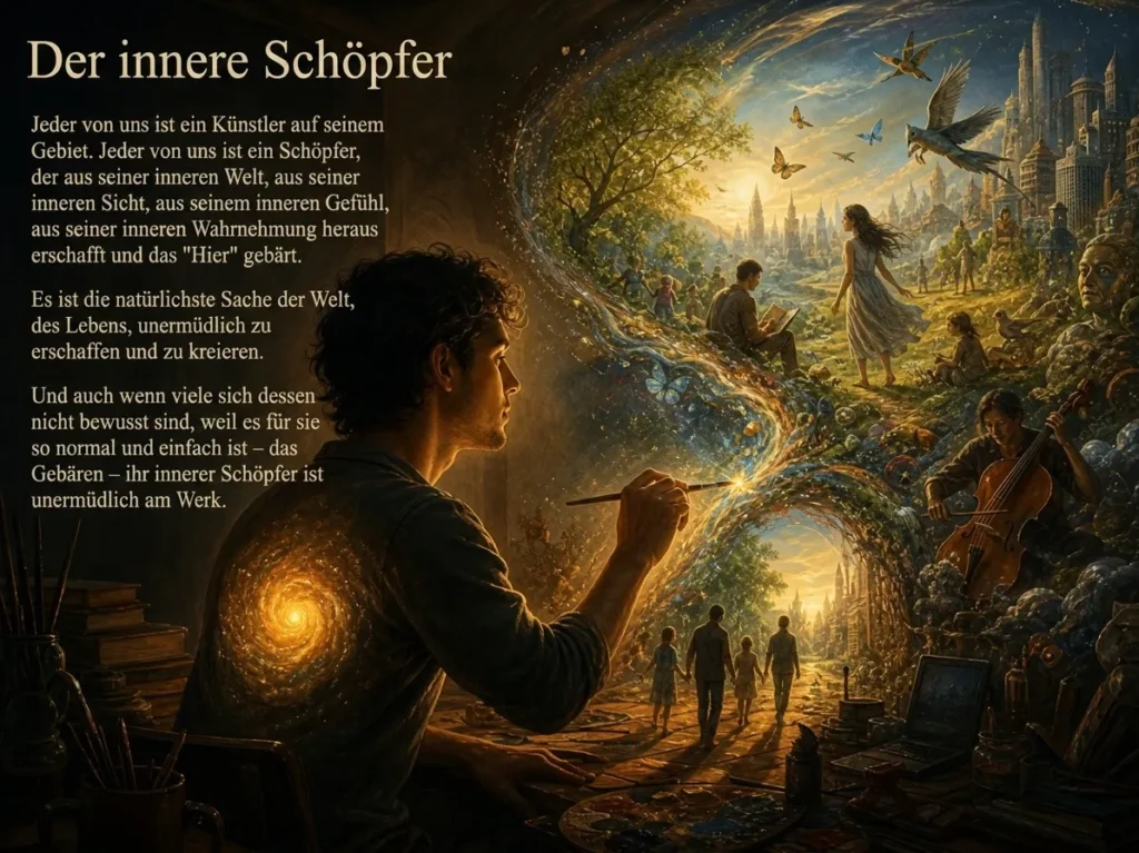 Künstler malt eine Welt, die innere Schöpferkraft und kreativen Prozess darstellt.