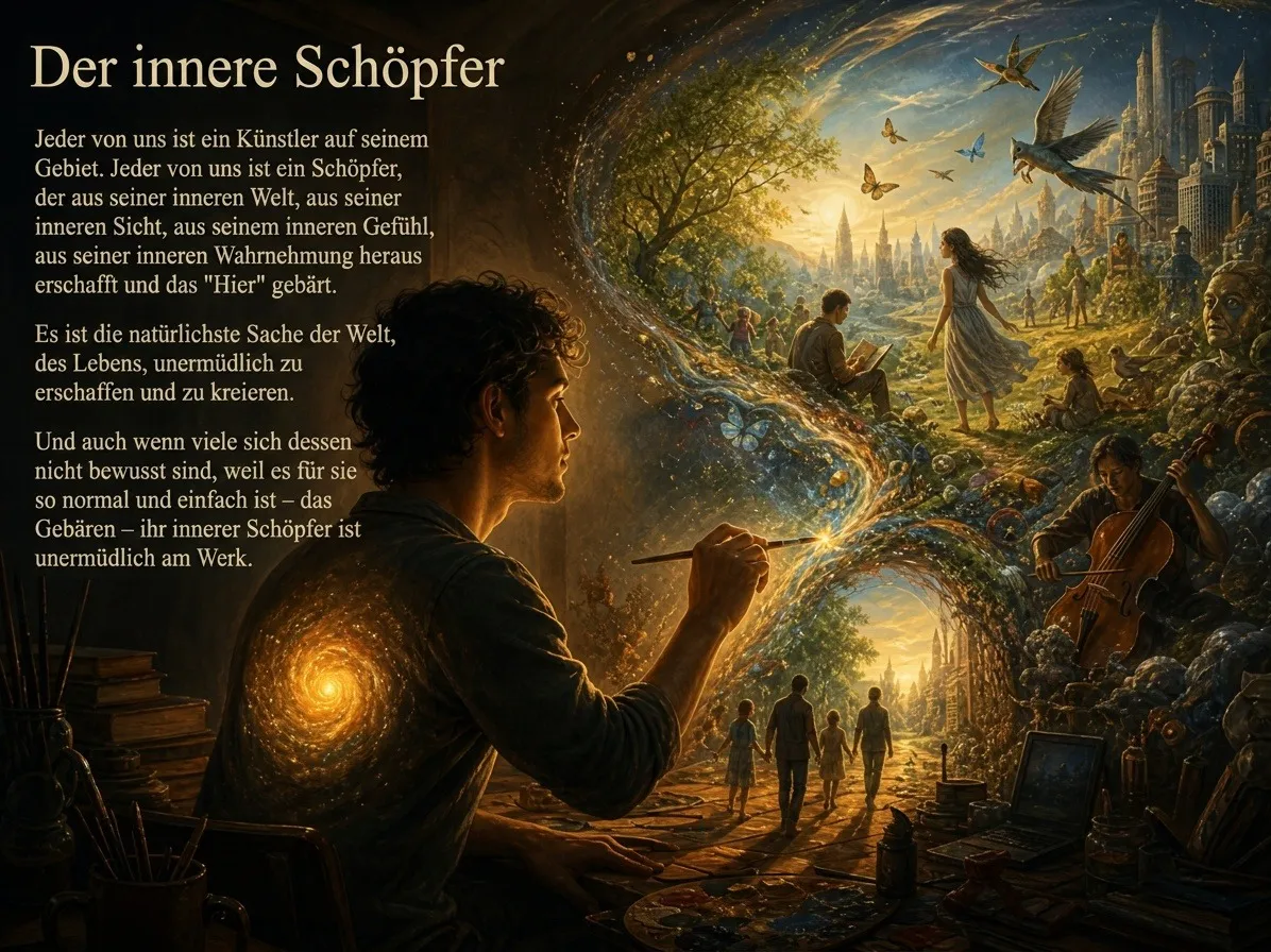 Künstler malt eine Welt, die innere Schöpferkraft und kreativen Prozess darstellt.