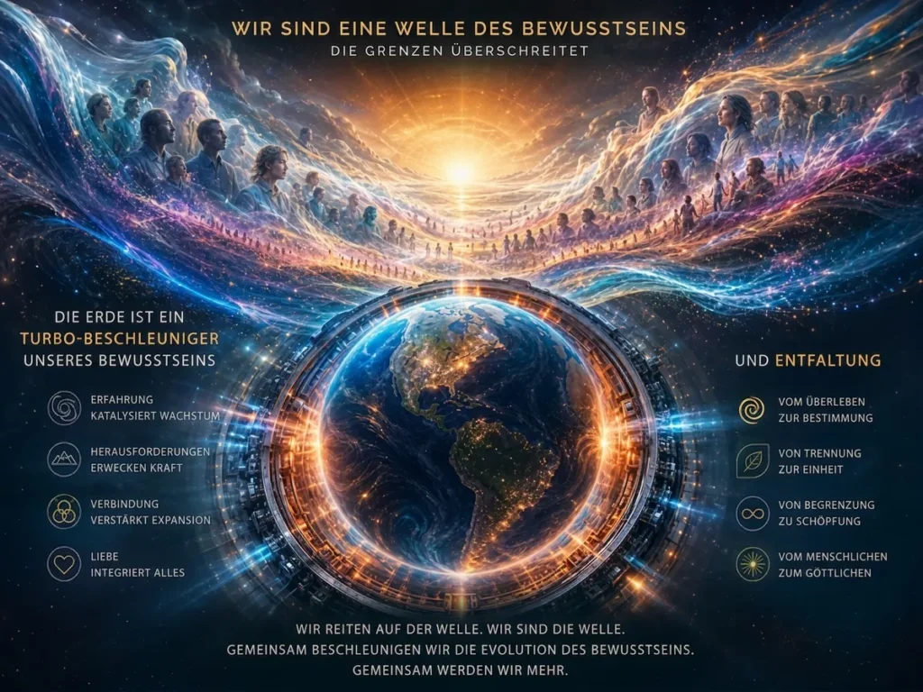 Globus mit Menschenmenge, die sich um eine Bewusstseinswelle dreht; Text: Wir sind eine Welle des Bewusstseins.