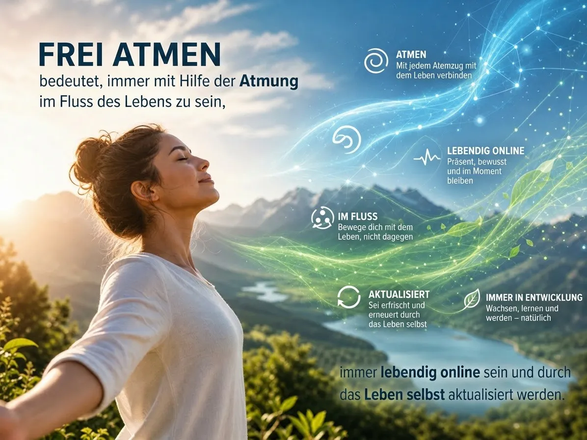 Frau atmet tief ein, umgeben von Natur und digitalen Wellen, die für Lebensenergie stehen.