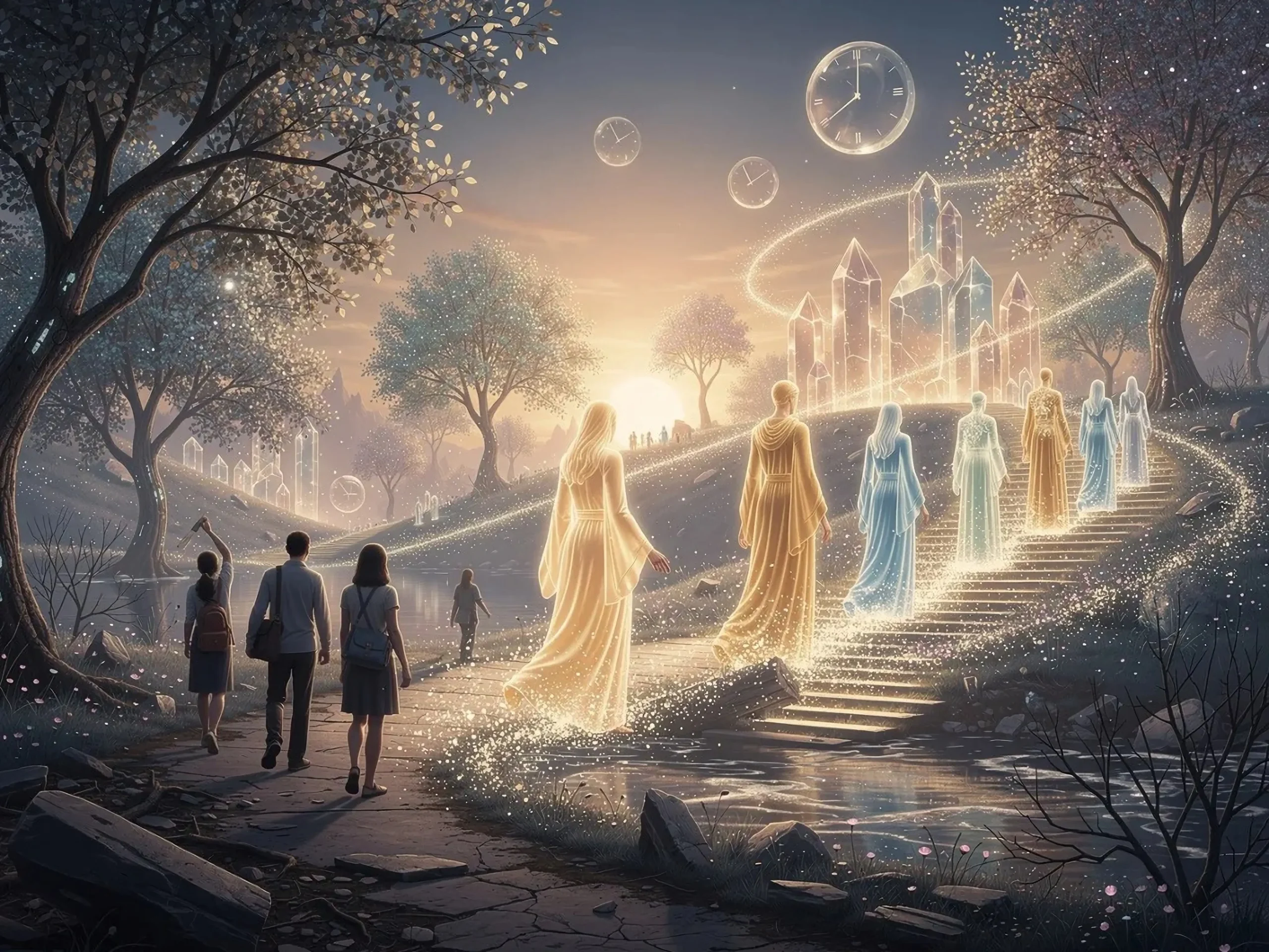 Menschen schreiten auf leuchtende Figuren und Kristallstadt zu. Jenseits-Darstellung.