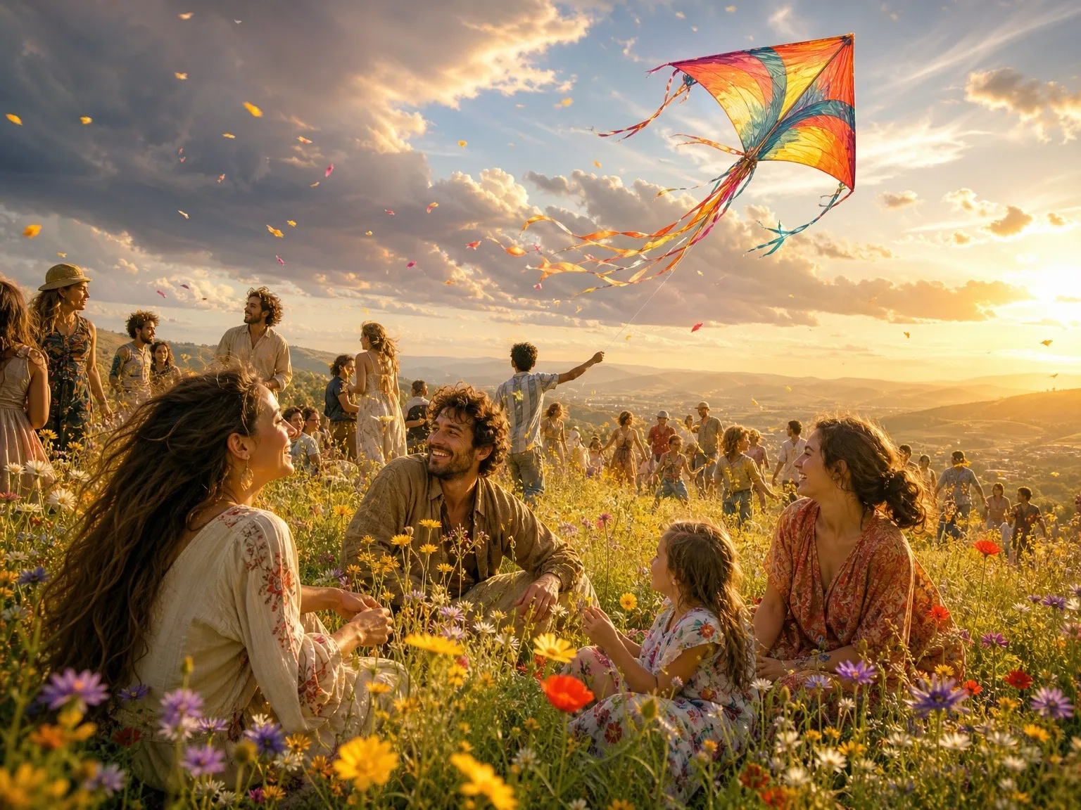Glückliche Menschen mit Drachen im Sonnenuntergang