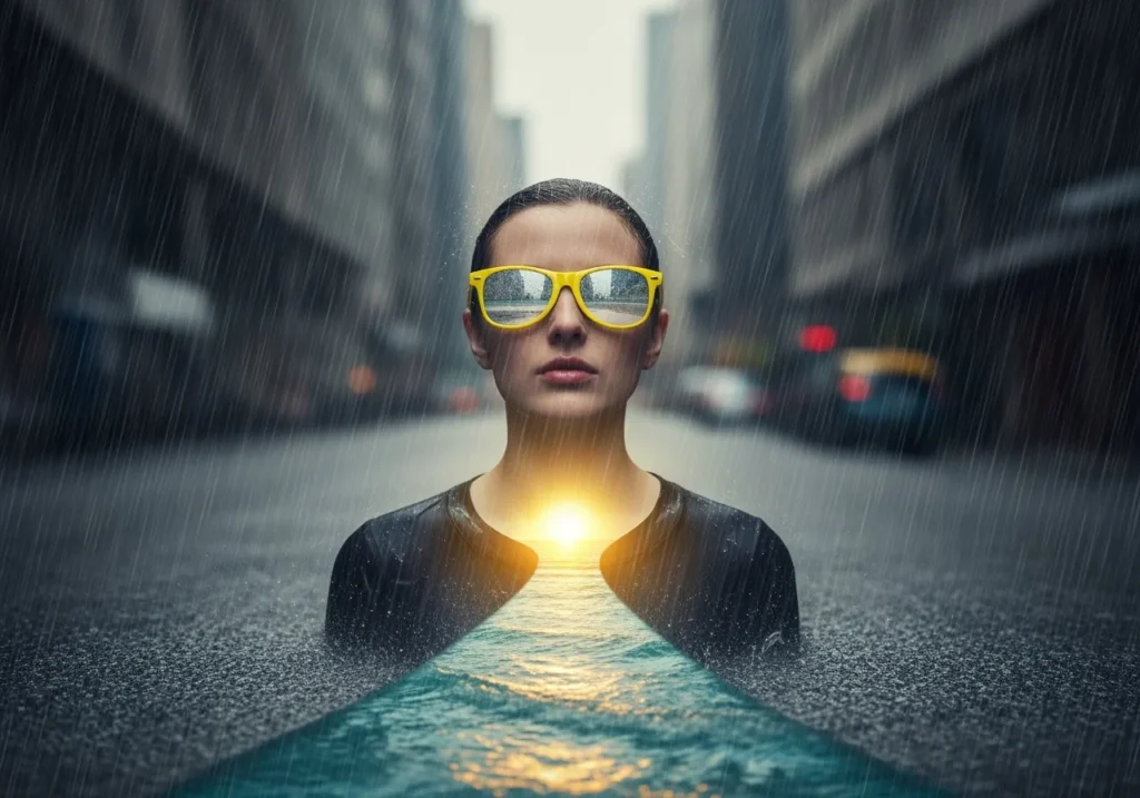 Frau mit gelber Brille steht im überfluteten Stadtbild. Beschönigung des Negativen Konzept.