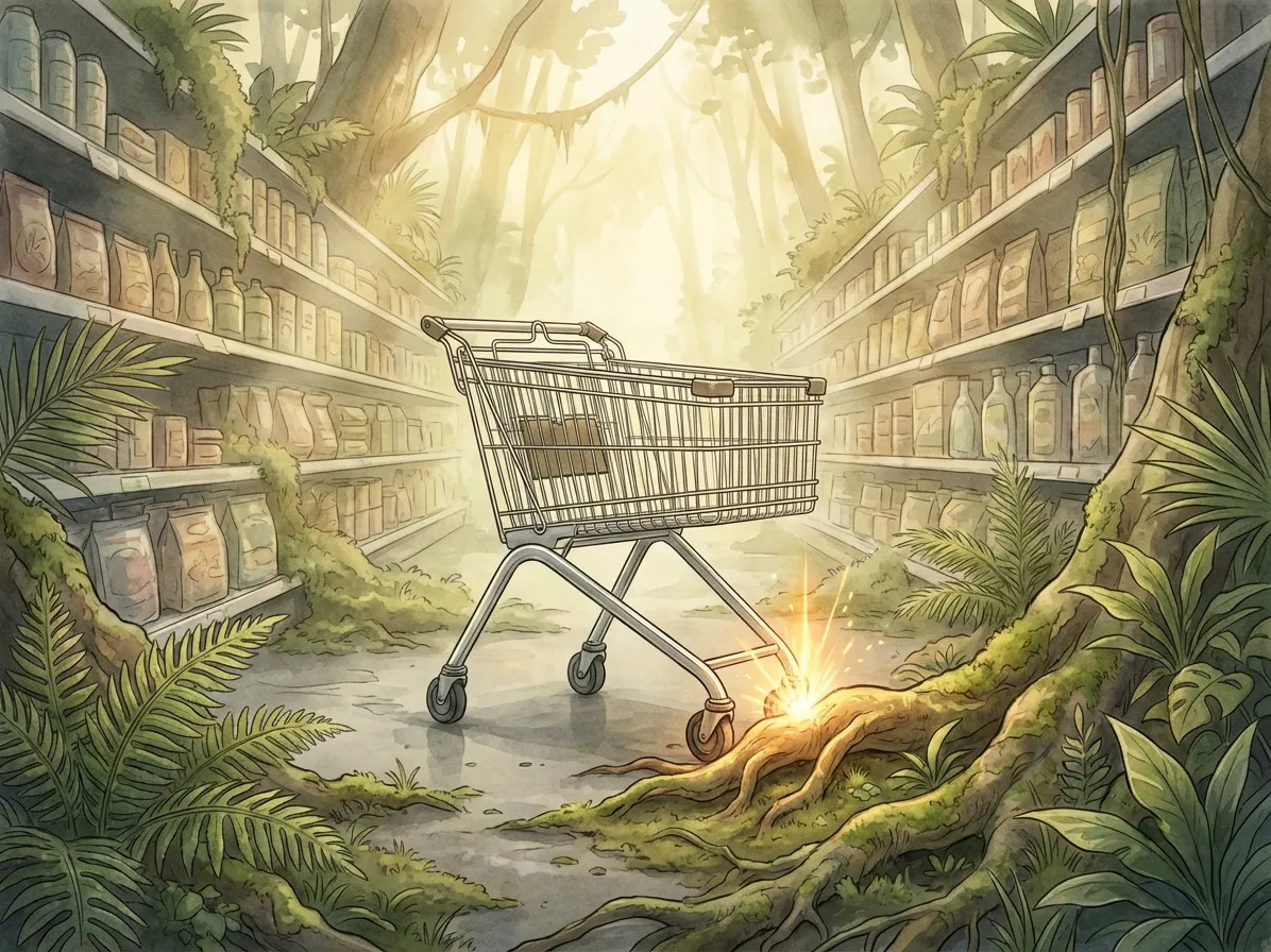 Einkaufswagen in Dschungel-Supermarkt. Spontanheilung durch Natur? Warenregale mit Pflanzen überwuchert.