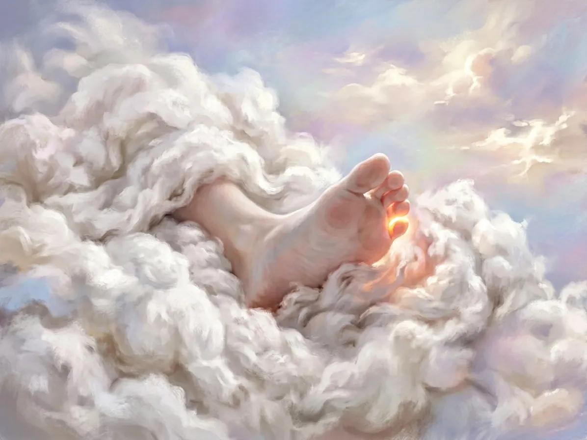 Fuß in Wolken, Lichtstrahl. Spontanheilung, Weisheit einer Zehe.