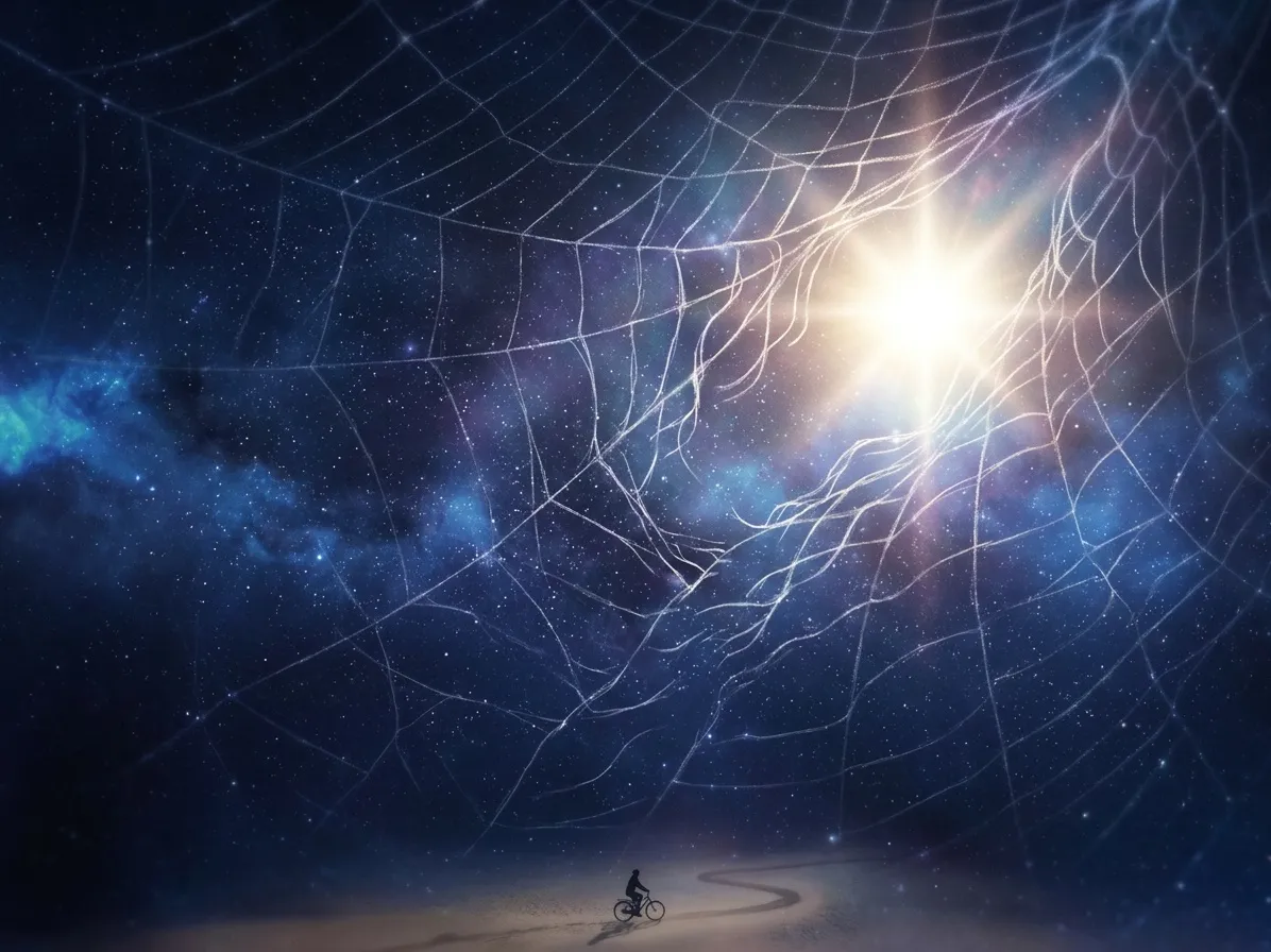 Mann fährt Rad unter einem Sternenhimmel mit Spinnennetz. Spontanheilung Konzept.