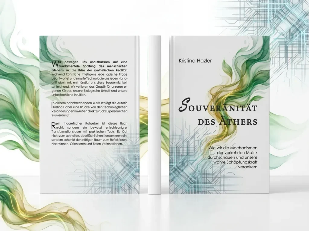 Buchcover von "Souveränität der Athers" von Kristina Hazler mit grünen und blauen Mustern