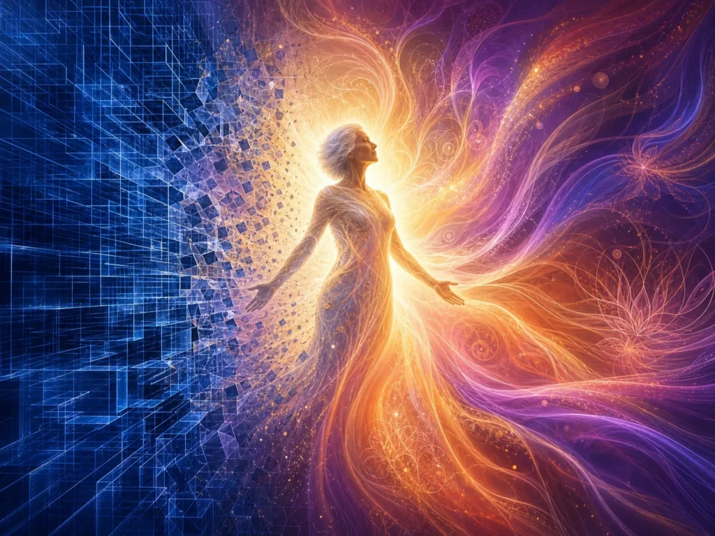 Frau im Licht, die sich von einer digitalen Matrix löst, spirituelle Transformation