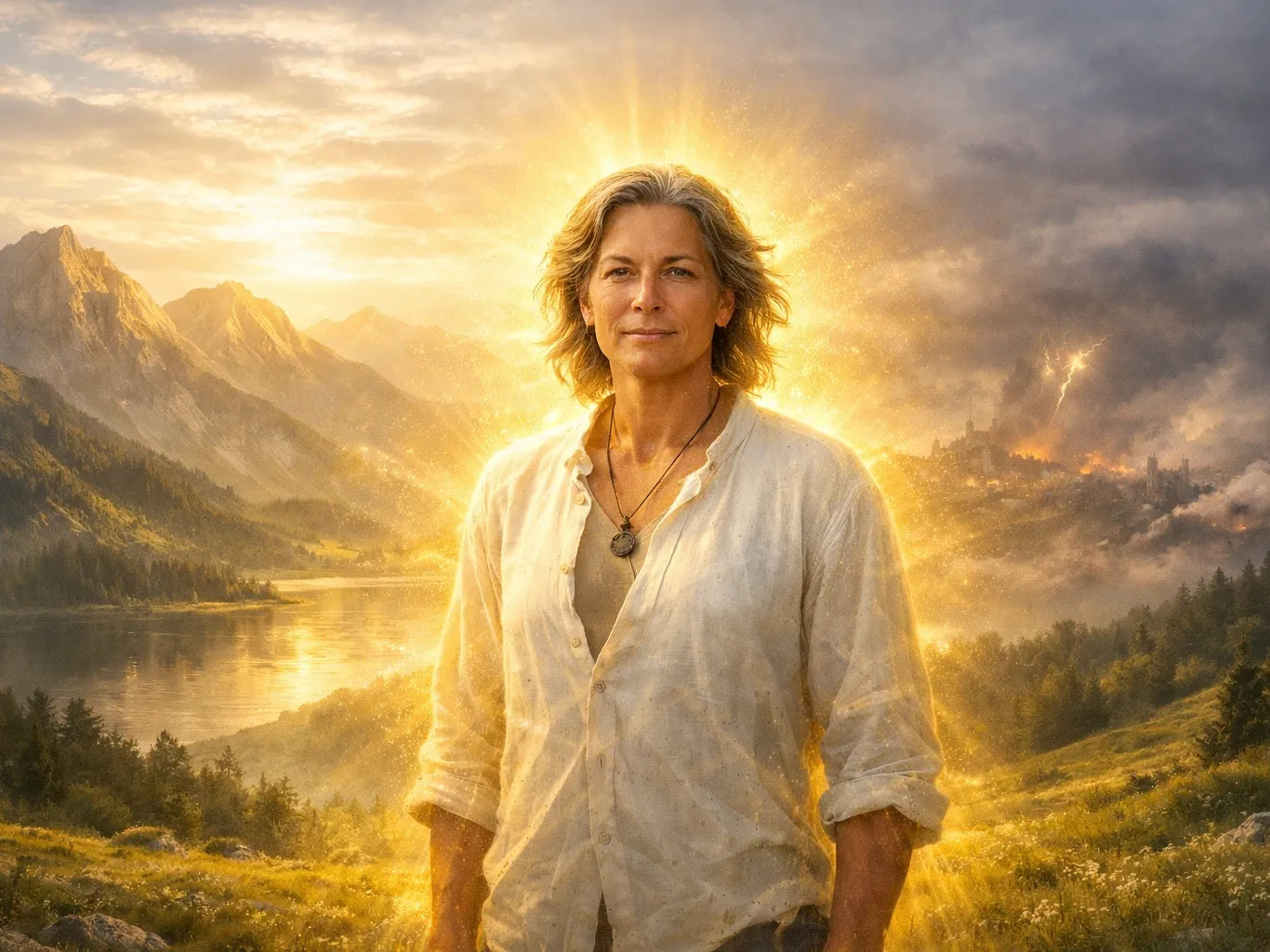 Frau mit goldenem Heiligenschein vor Berglandschaft und Stadt