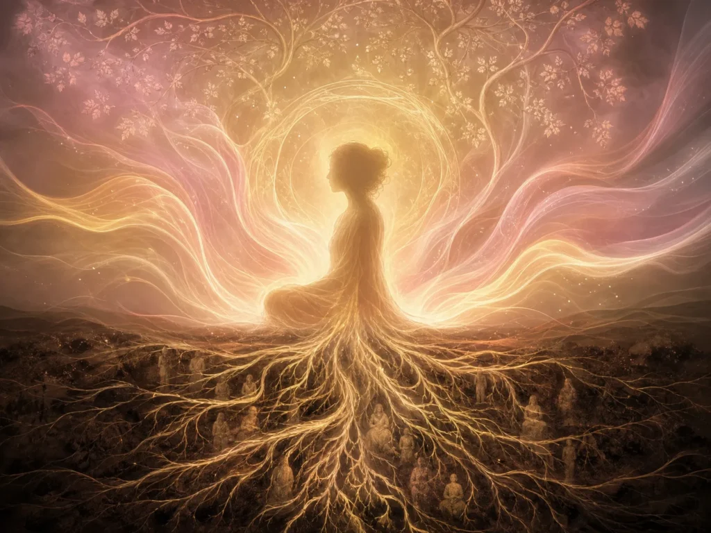 Frau in Meditation, verbunden mit Ahnenwurzeln und kosmischem Licht.