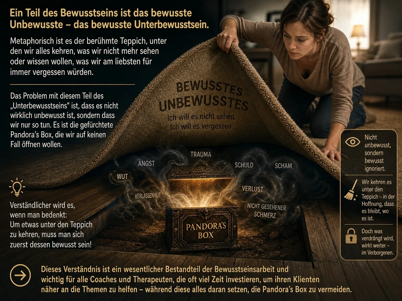 Frau hebt Teppich an, enthüllt "Pandora's Box" mit Text über Bewusstsein und Unterbewusstsein.