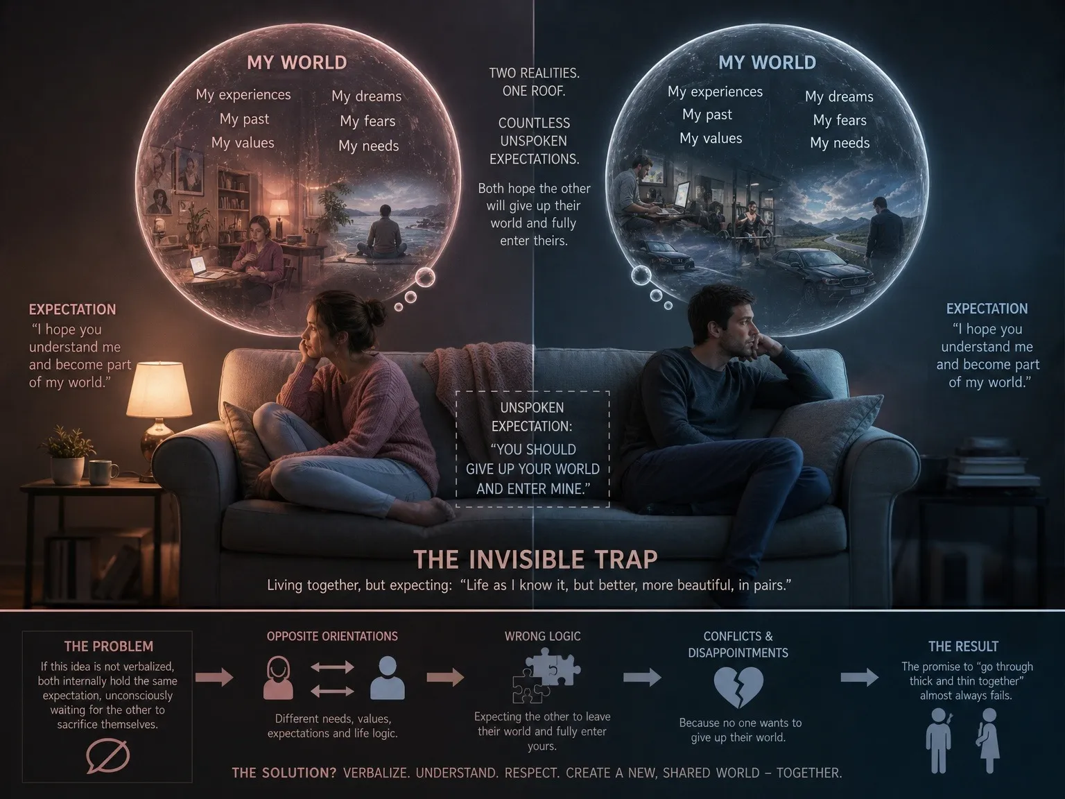 Couple on couch with separate "My World" bubbles illustrating unspoken expectations, the invisible trap.