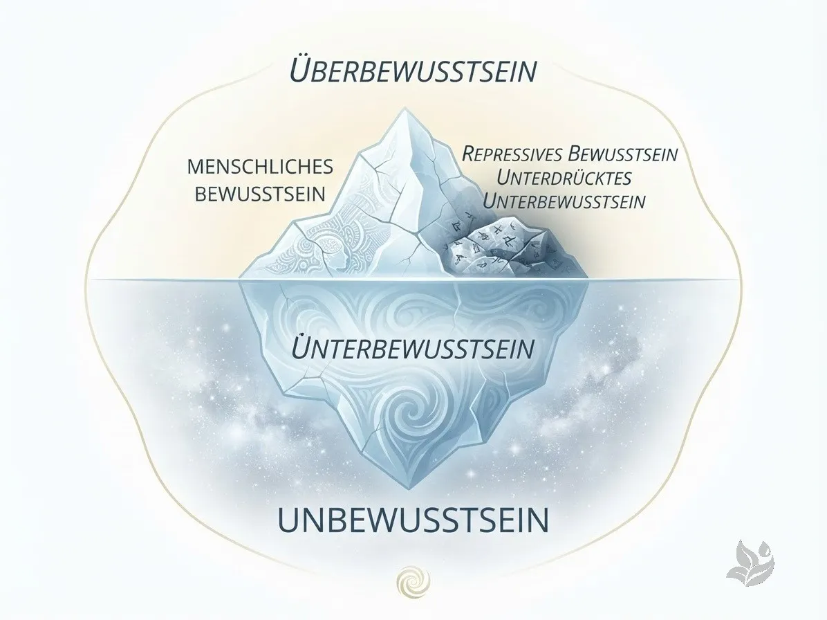 Eisbergmodell des Bewusstseins: Überbewusstsein, menschliches Bewusstsein, unterdrücktes Bewusstsein, Unterbewusstsein, Unbewusstsein.