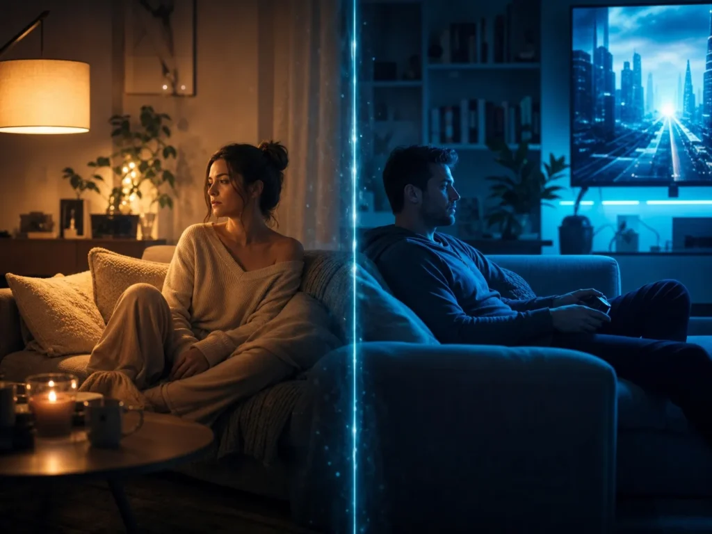 Frau und Mann auf Sofas, getrennt durch eine blaue Linie, die Entfremdung symbolisiert.