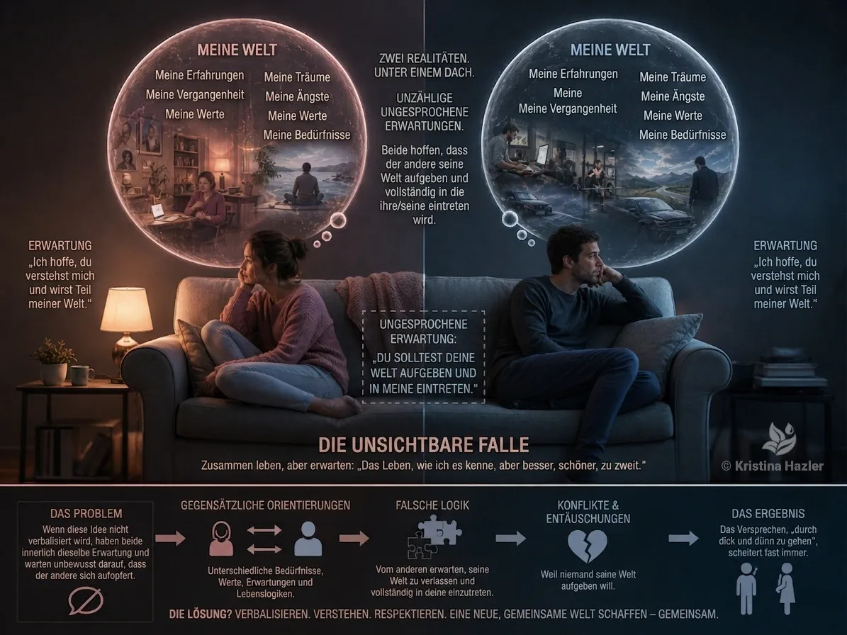 Paar auf Sofa, getrennt durch Welten, die die Unsichtbare Falle der Entfremdung zeigen.