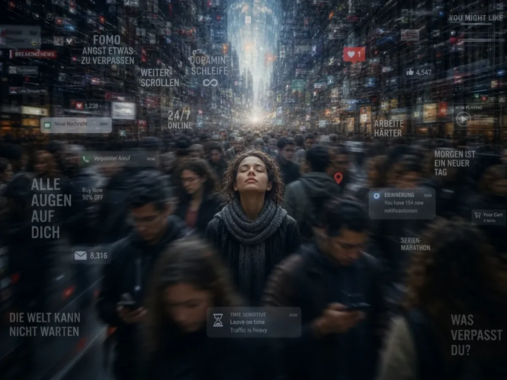 Frau inmitten von digitaler Informationsflut, 5G-Ängste, Spiritualität