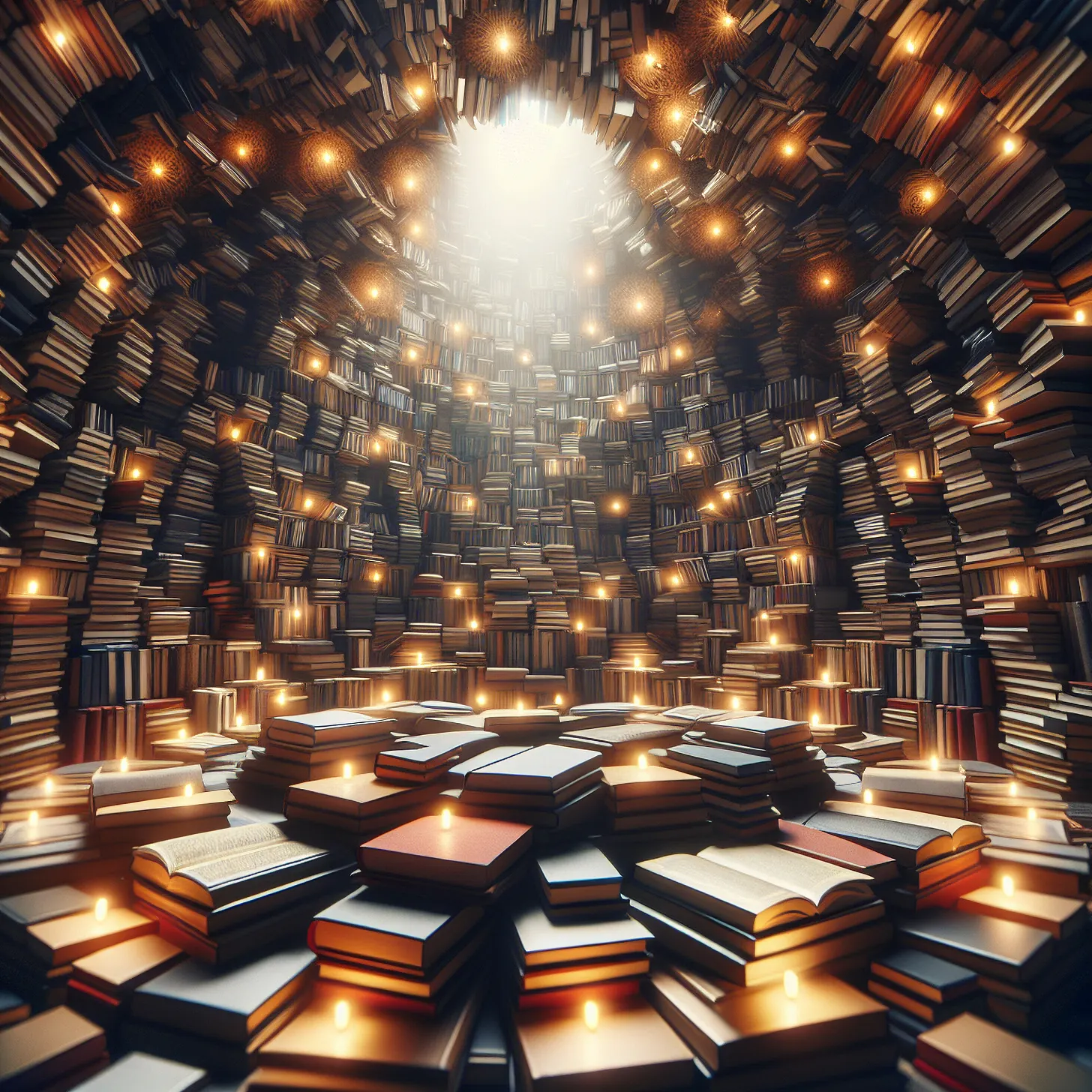 Bücherregale voller Bücher mit Kerzenlicht, die eine Kuppel bilden.