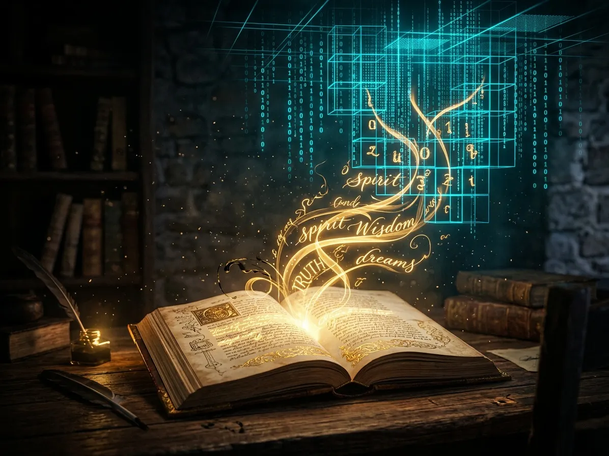 Digitalisierte Weisheit: Buch mit leuchtenden Datenströmen und Schriftzeichen