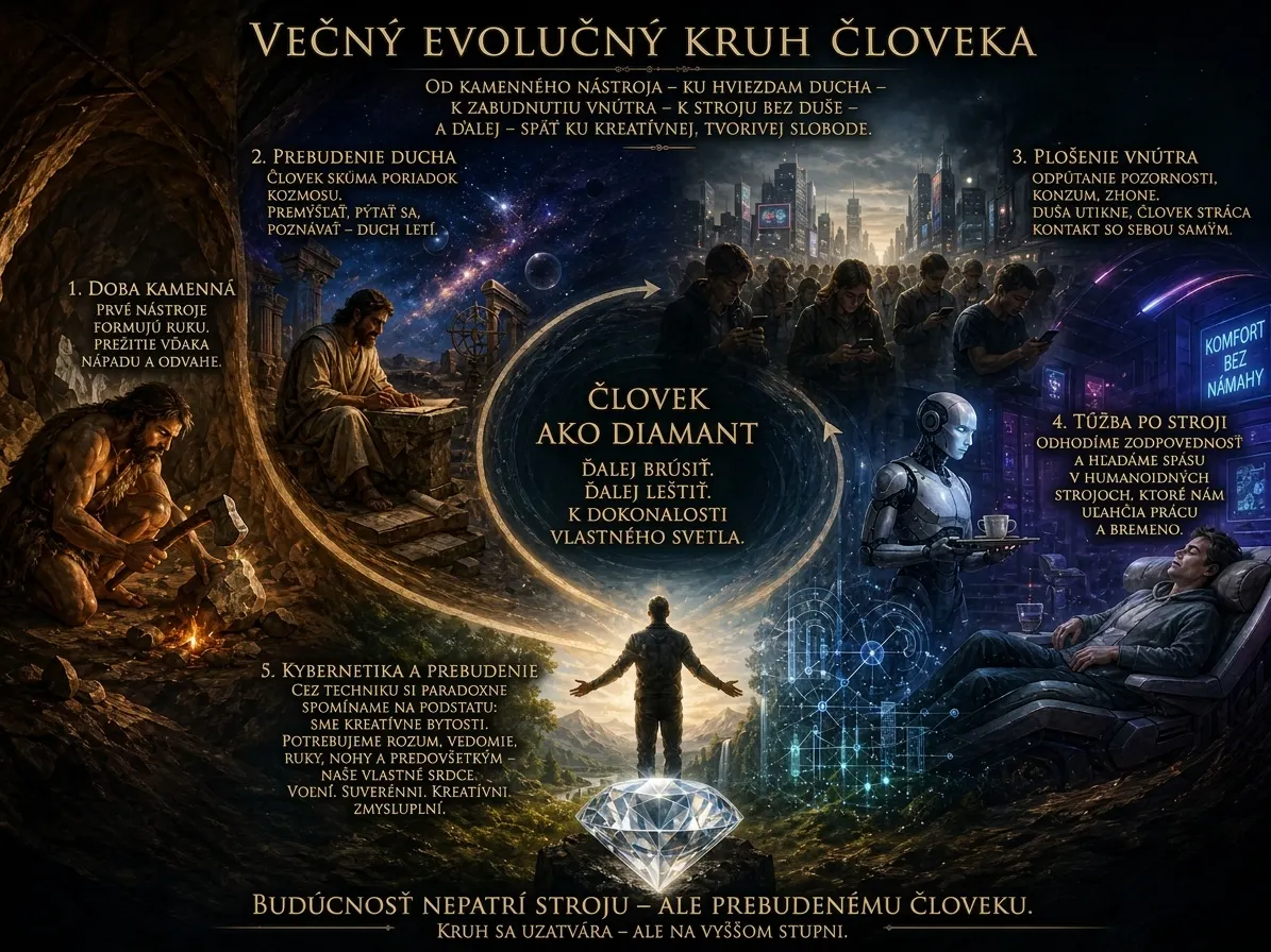 Evolúcia človeka: od kameňa k digitálnej ére, človek ako diamant.
