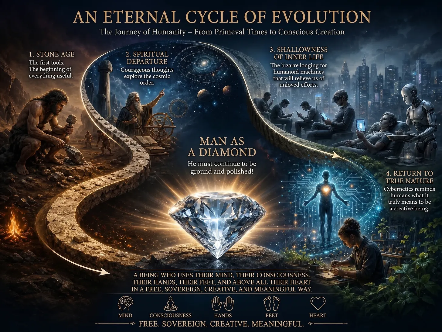 An eternal cycle of evolution: from stone age to conscious creation, man as a diamond.
