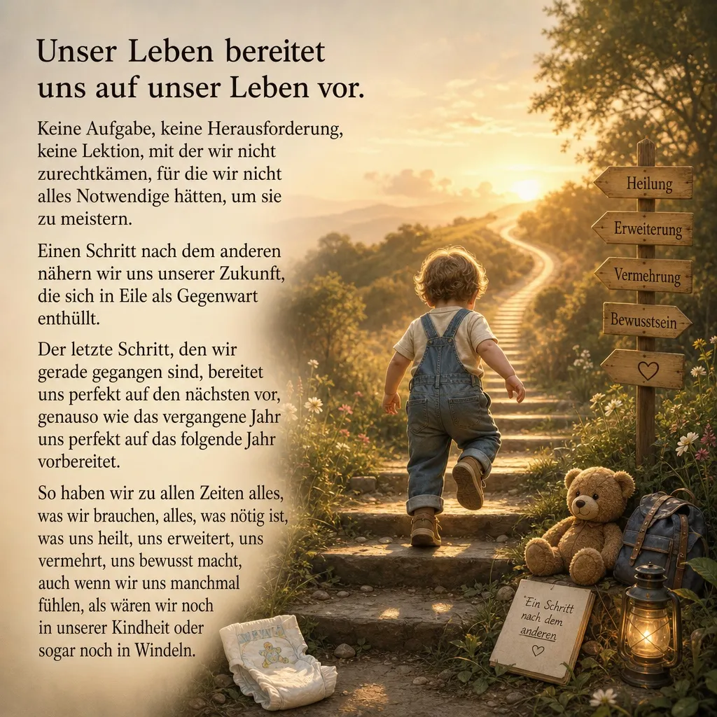 Kind auf einem Weg mit Schildern, die Lebensweisheiten auf Deutsch anzeigen.
