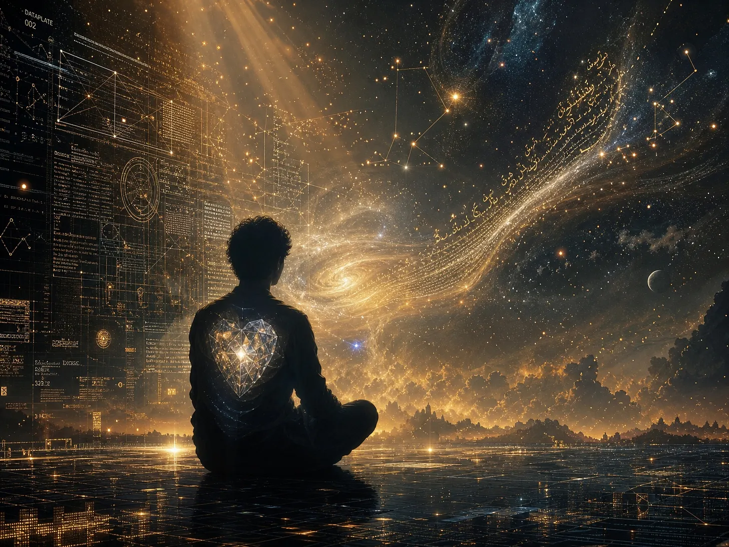 Mensch meditiert vor kosmischem Hintergrund mit Daten und Herzsymbol