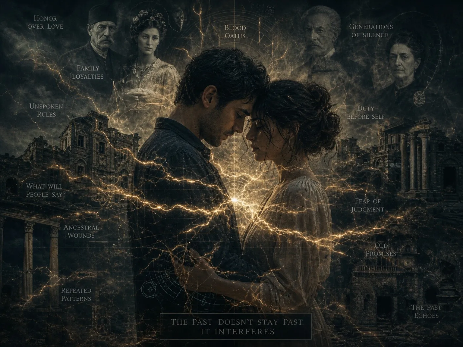 Couple embracing amidst ruins, with ancestral themes and glowing energy.