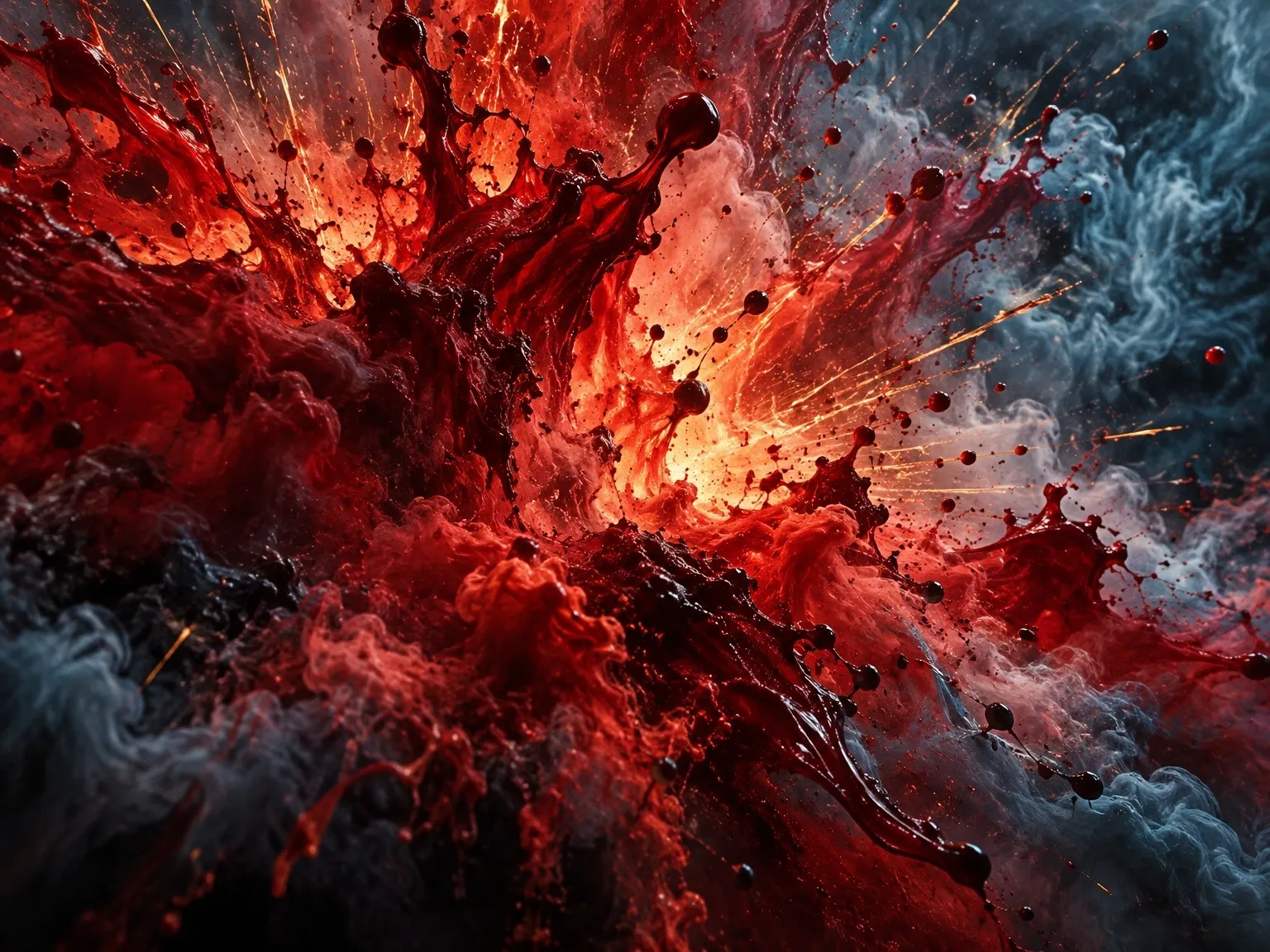 Explosion von roter und schwarzer Farbe mit Raucheffekten