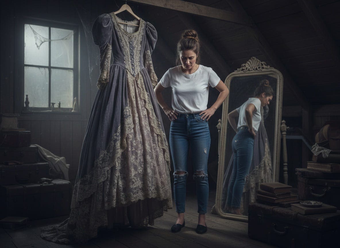 Frau betrachtet altes Kleid auf dem Dachboden.