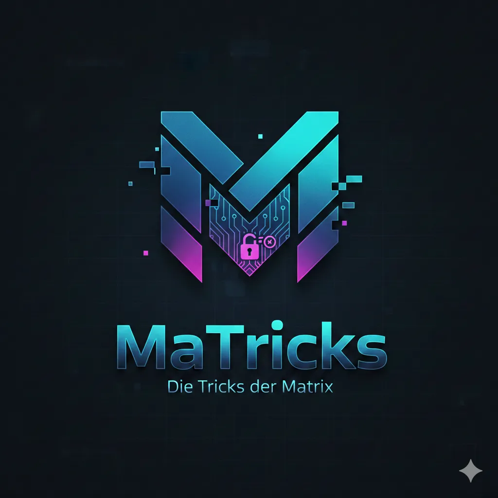 MaTricks logo: Stylized "M" with circuit board design and padlock. "MaTricks: Die Tricks der Matrix" text below.
