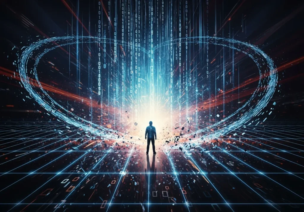 Mann vor digitaler Matrix mit Binärcode