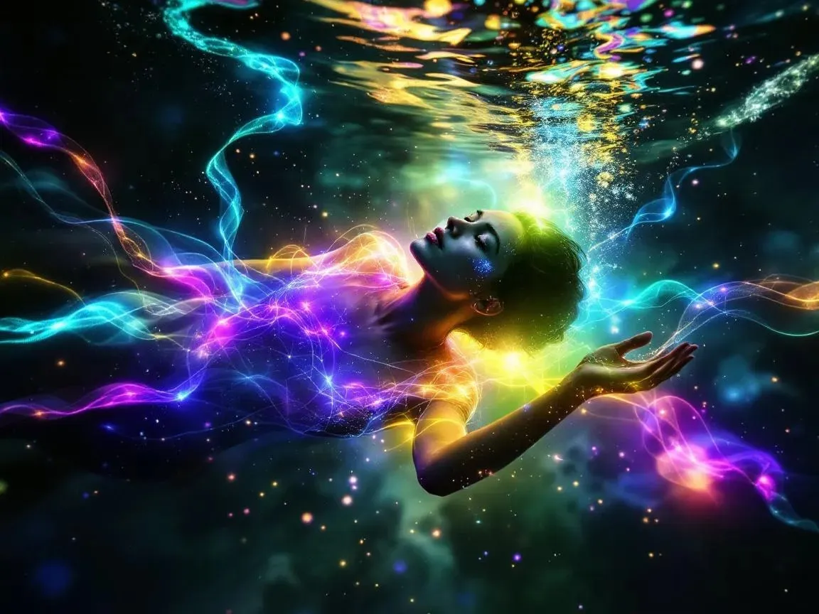 Frau schwebt mit bunten Lichtern im Wasser.