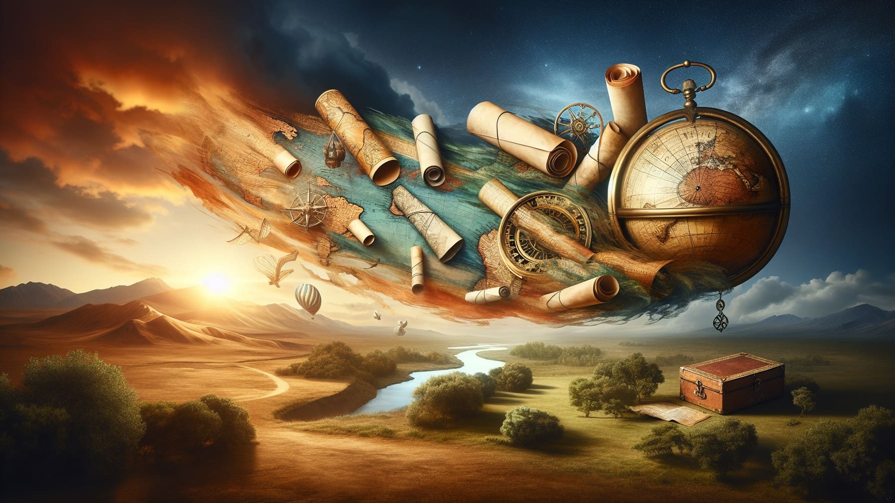 Alte Welt: Karten, Kompass und Globus schweben.