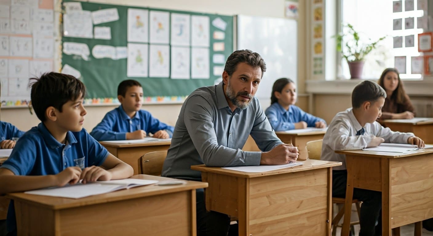 Lehrer mit Schülern im Klassenzimmer.