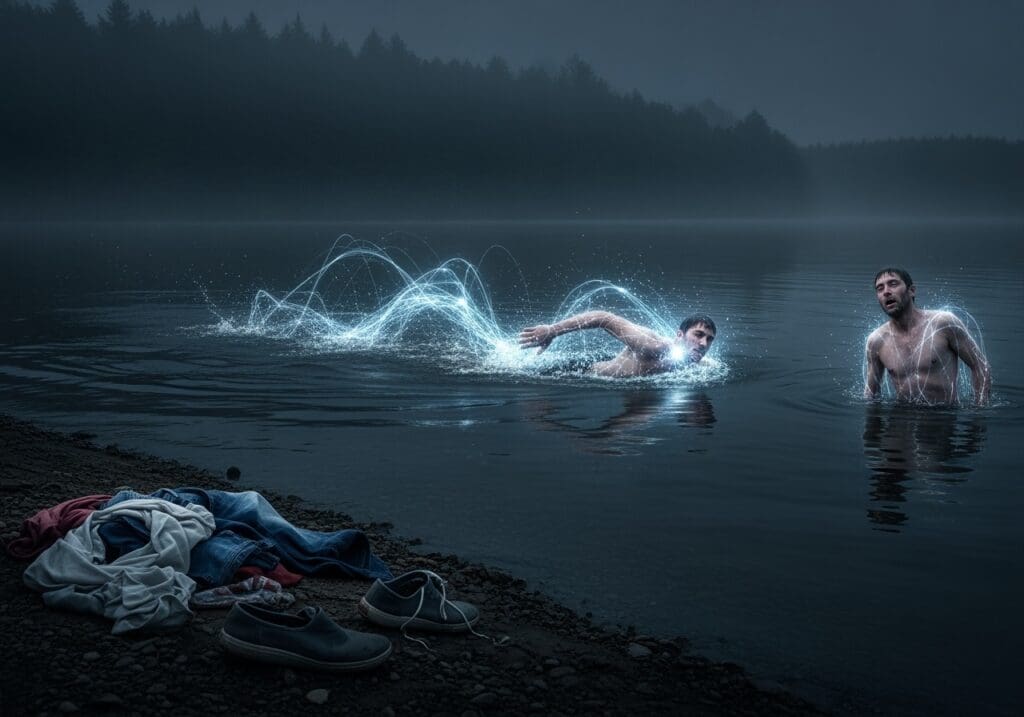 Mann schwimmt in dunklem See mit Lichteffekten