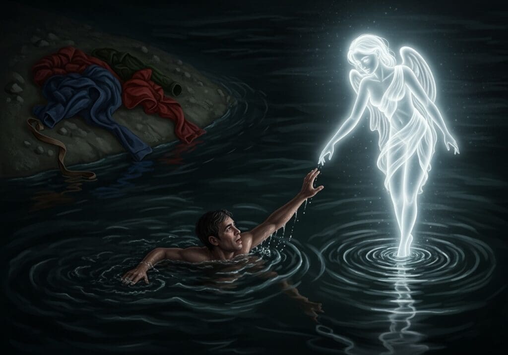 Mann im Wasser streckt sich nach Engel aus Licht