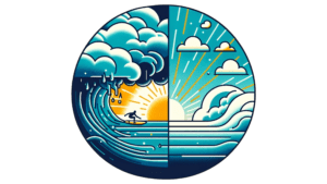 Tag und Nacht: Surfer im Meer.