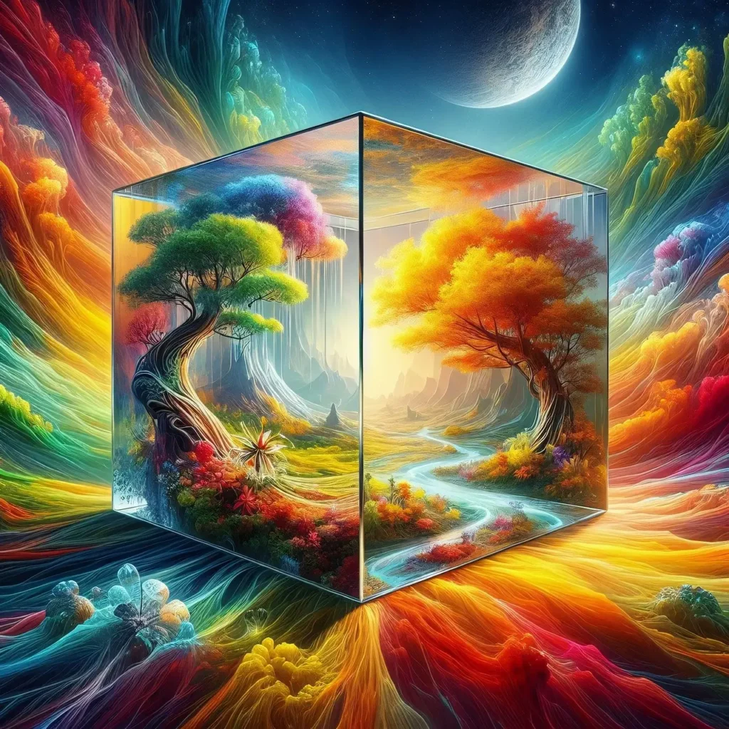 Traumhafte Landschaft im Glaskubus unter Mond