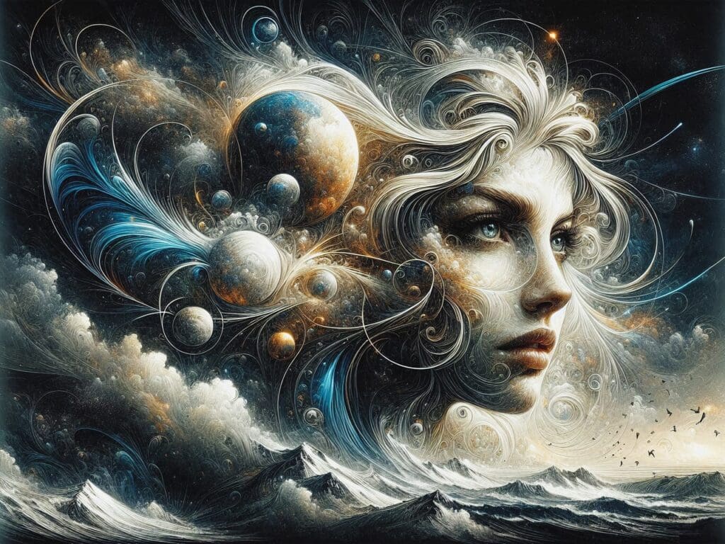 Frauengesicht, umgeben von kosmischen Elementen und Wolken. Fantasievolle Kunst.
