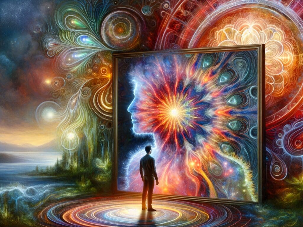 Mann vor spirituellem Portal. Abstraktes Selbstbildnis, Bewusstsein. Wahres Selbst.