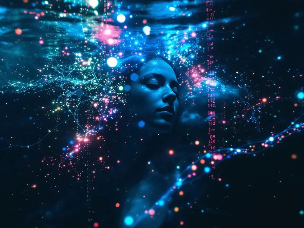 Frau, umgeben von leuchtenden digitalen Elementen