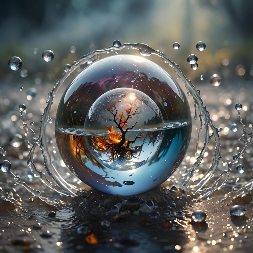 Glaskugel mit Baum im Wasser, Multidimensionalität.
